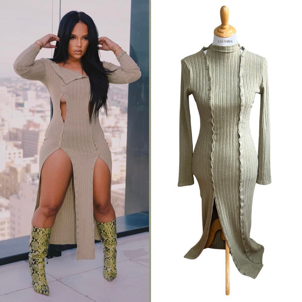 Nichole Lynel Olive Green Cable Knit‎ Adjustable Buttons Sweater Midi Dress XL